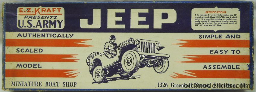 E Z Kraft 1/15 US Army Jeep, J112 plastic model kit